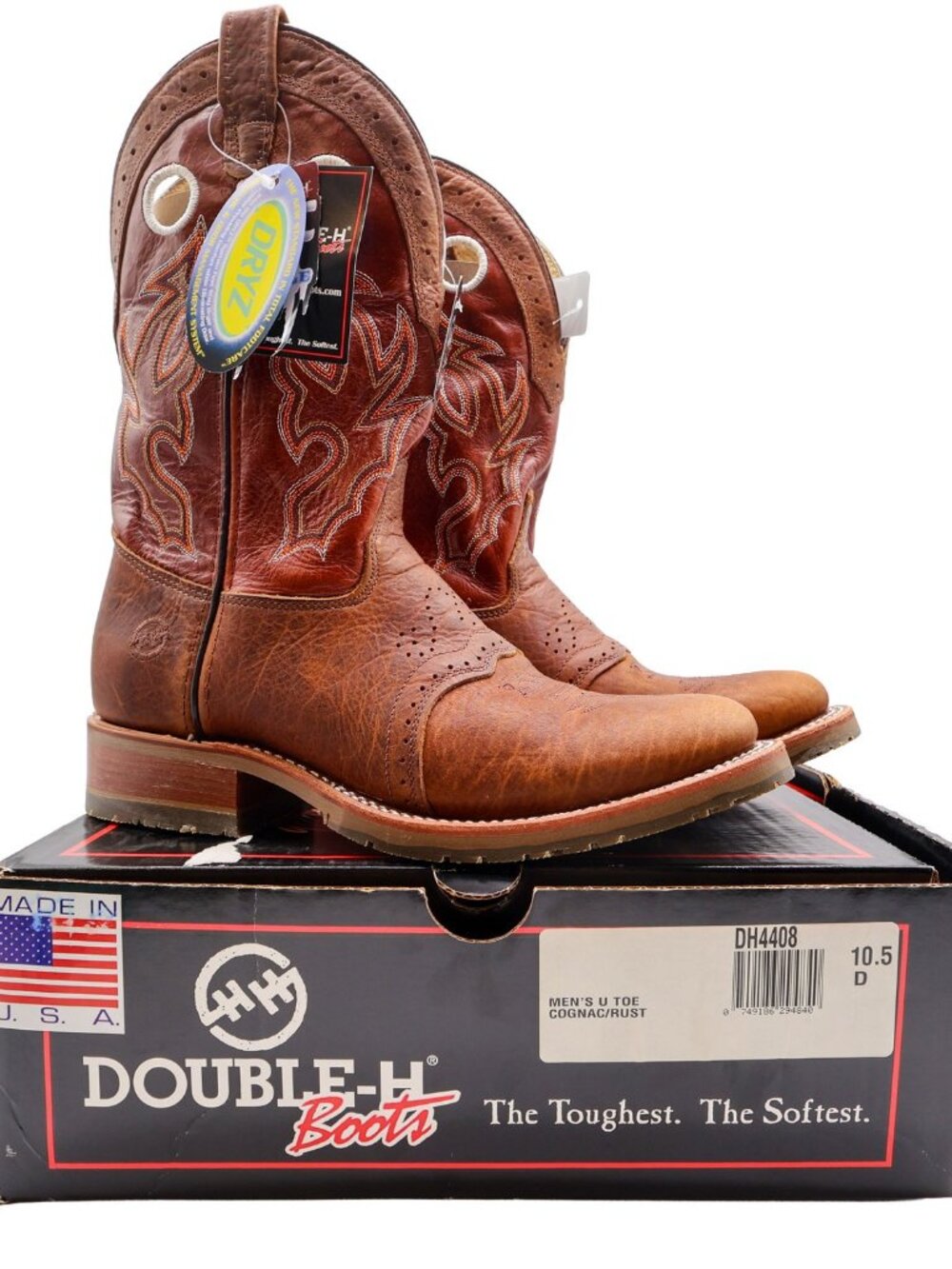 Vintage Double-H Boots Mens 10.5 D Cognac Rust Leather Cowboy USA DH4408 NWB